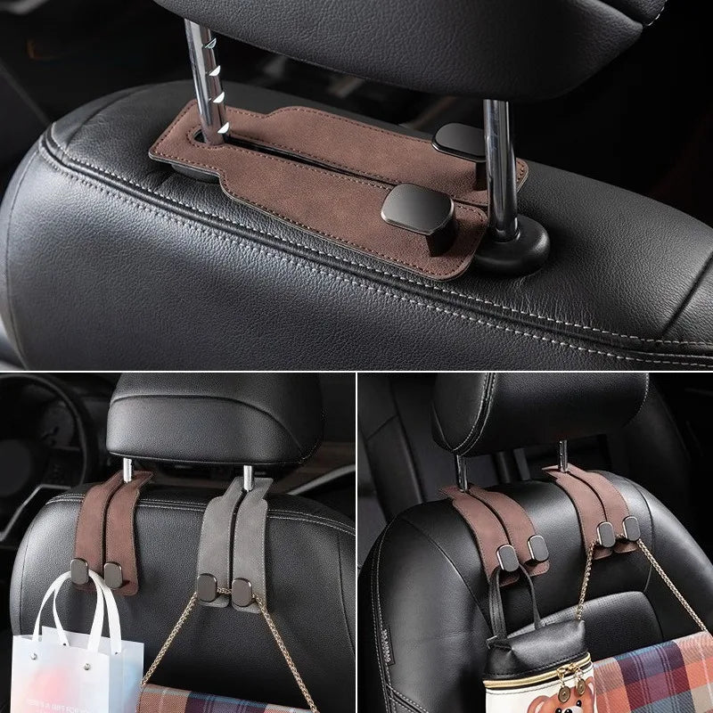2 Pcs Car Headrest Hook with Soft Leather Finish and Dual Hanging Design for Vehicle Storage
