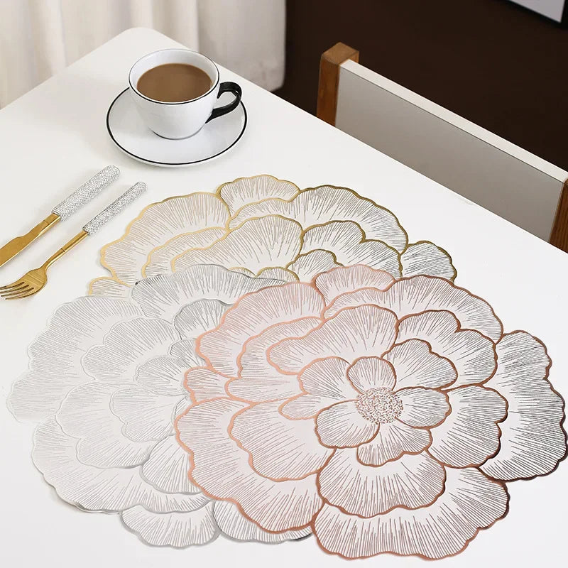 Nordic Style Peony Placemat Gold PVC Round Table Mat Anti Slip Waterproof Dining Table Decor