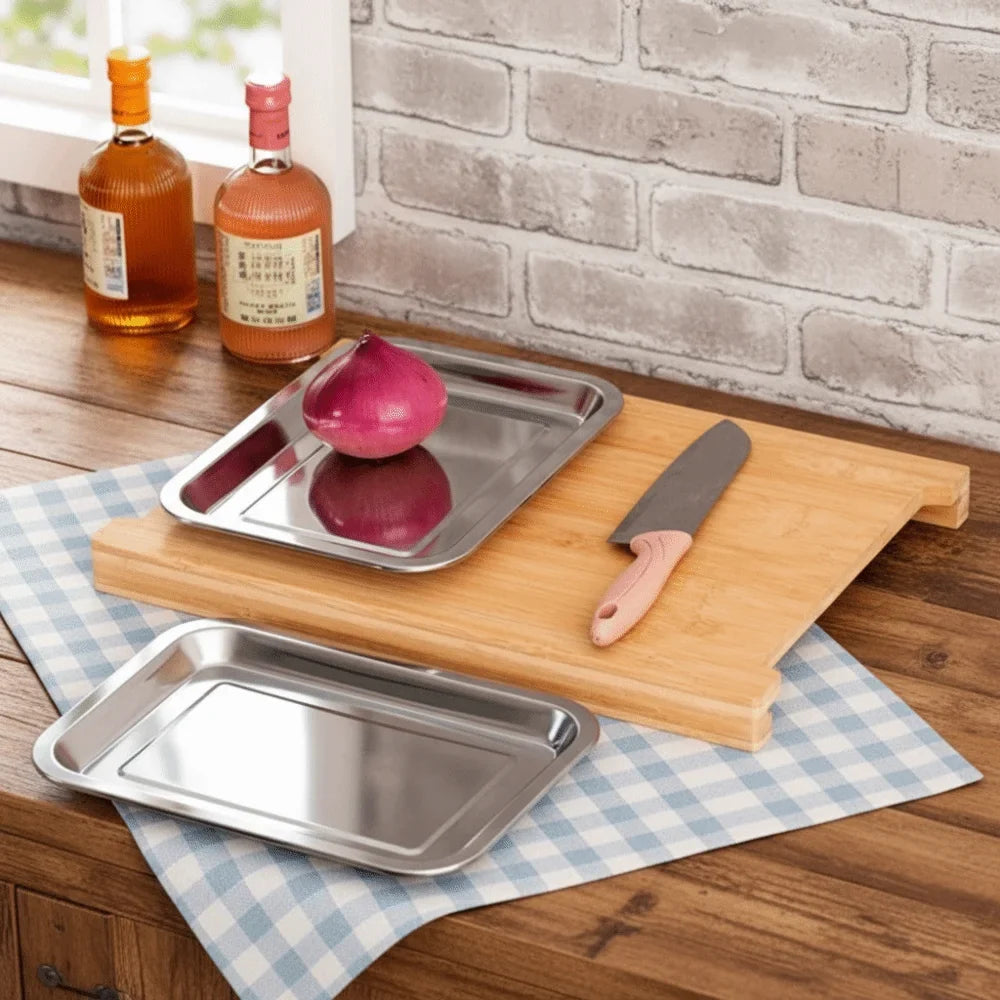 Drawer Cutting Board with Non Slip Wooden Surface and Pull Out Storage Trays for Kitchen Prep