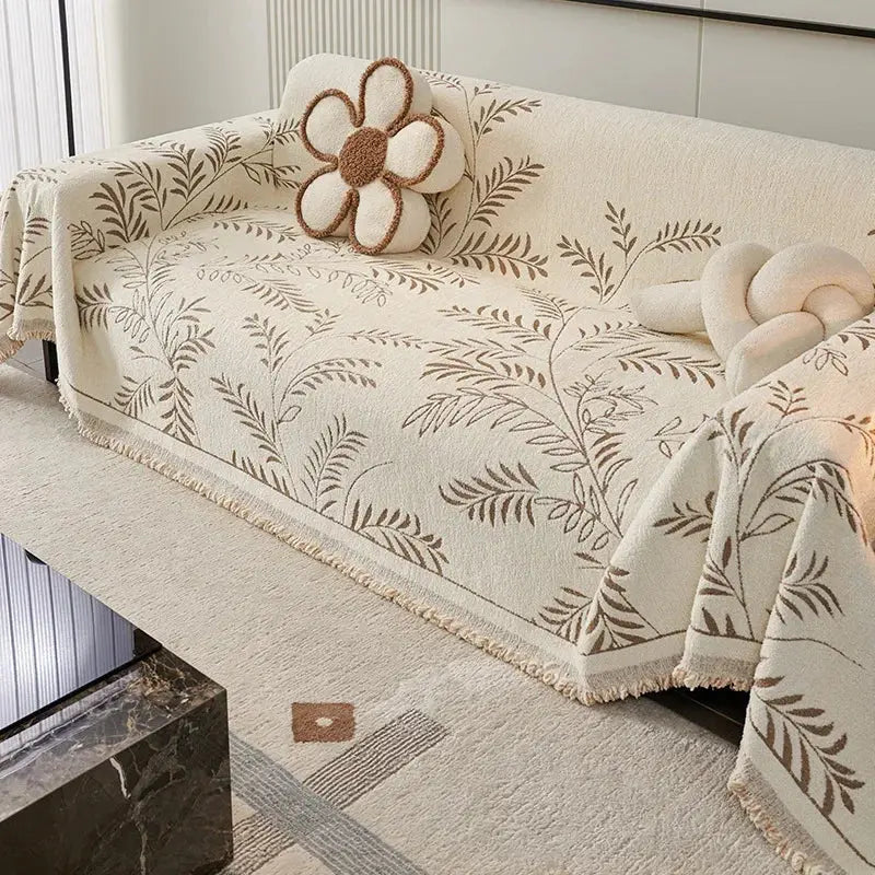 Four-Season Chenille Jacquard Leaf Sofa Cover with Full Non-slip Design and Scratch-Resistant Texture