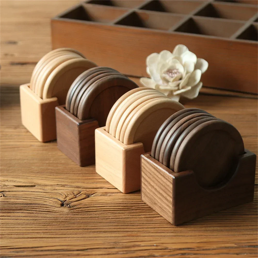 Walnut Wood Coaster Set Round Square Wooden Cup Mats Heat Resistant Drink Coasters for Coffee Tea Desk Table