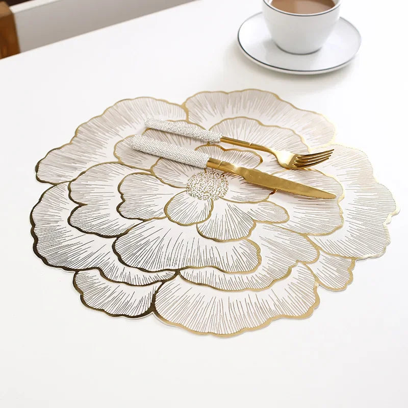 Nordic Style Peony Placemat Gold PVC Round Table Mat Anti Slip Waterproof Dining Table Decor