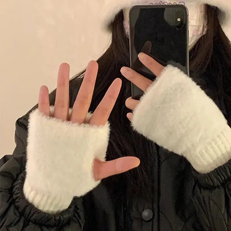 Women Fingerless Winter Gloves Soft Plush Knitted Wrist Mittens