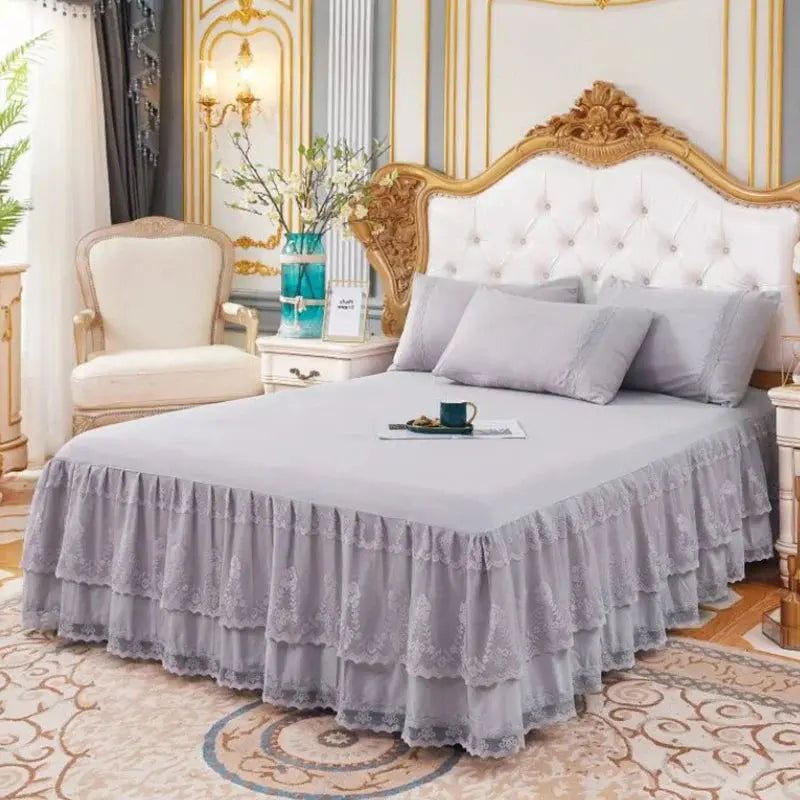 Three Layer Lace Ruffled Bed Skirt Non Slip Mattress Cover Dust Ruffle for Bedroom Use