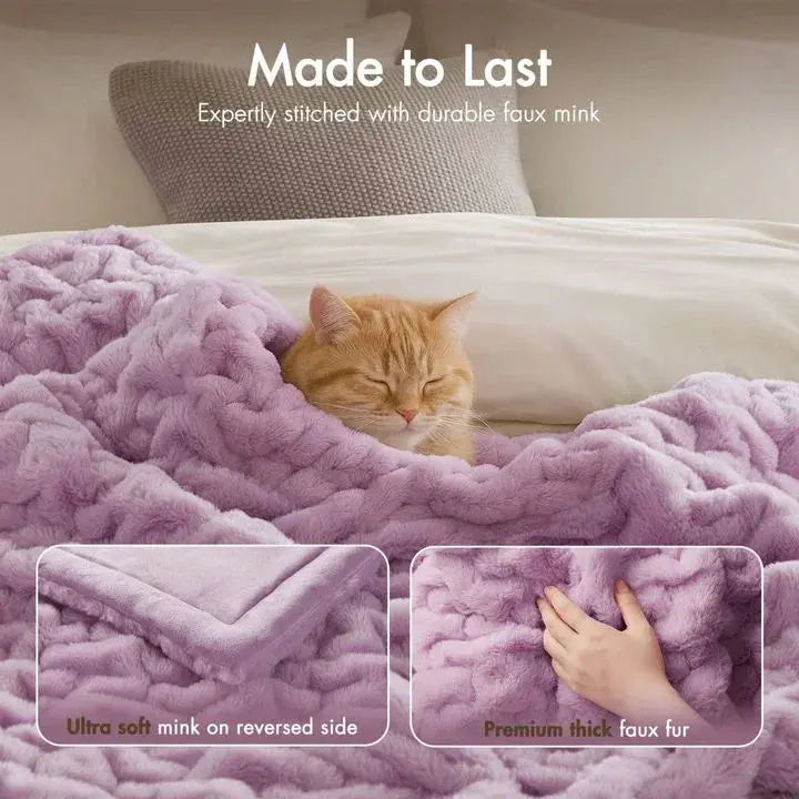 Faux Fur Throw Blanket with Double Sided Ruched Texture for Cozy Everyday Home Use