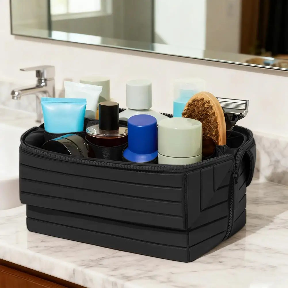 Fold Down Travel Makeup Bag with Waterproof Hanging Design and No Spill Cosmetic Storage Compartments
