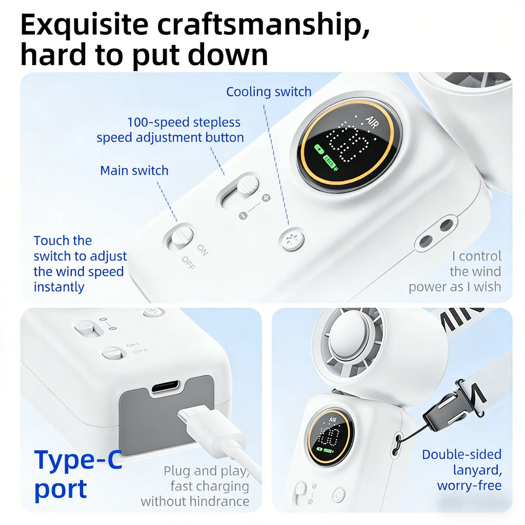 Portable 100-Speed Mini Cooling Fan with LED Display and 4000mAh USB Rechargeable Design for Travel