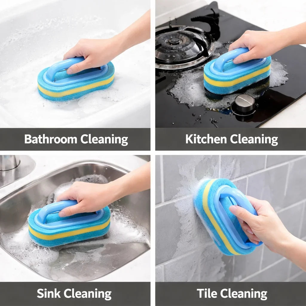 3 Pcs Durable Household Cleaning Brush with Handle for Kitchen, Bathroom, and Dish Scrubbing, Thickened Scrubbing Sponge for Efficient Cleaning