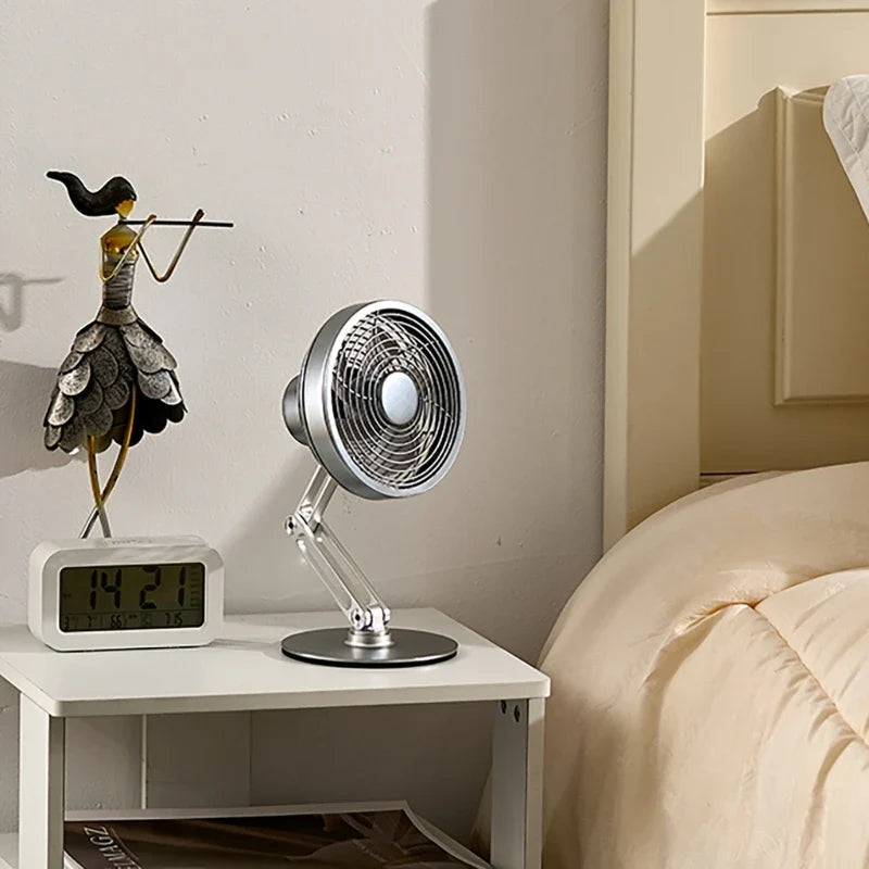 USB Rechargeable Aluminum Mini Fan with 360° Rotation, Foldable Stand and 3 Speed Control for Desktop and Travel