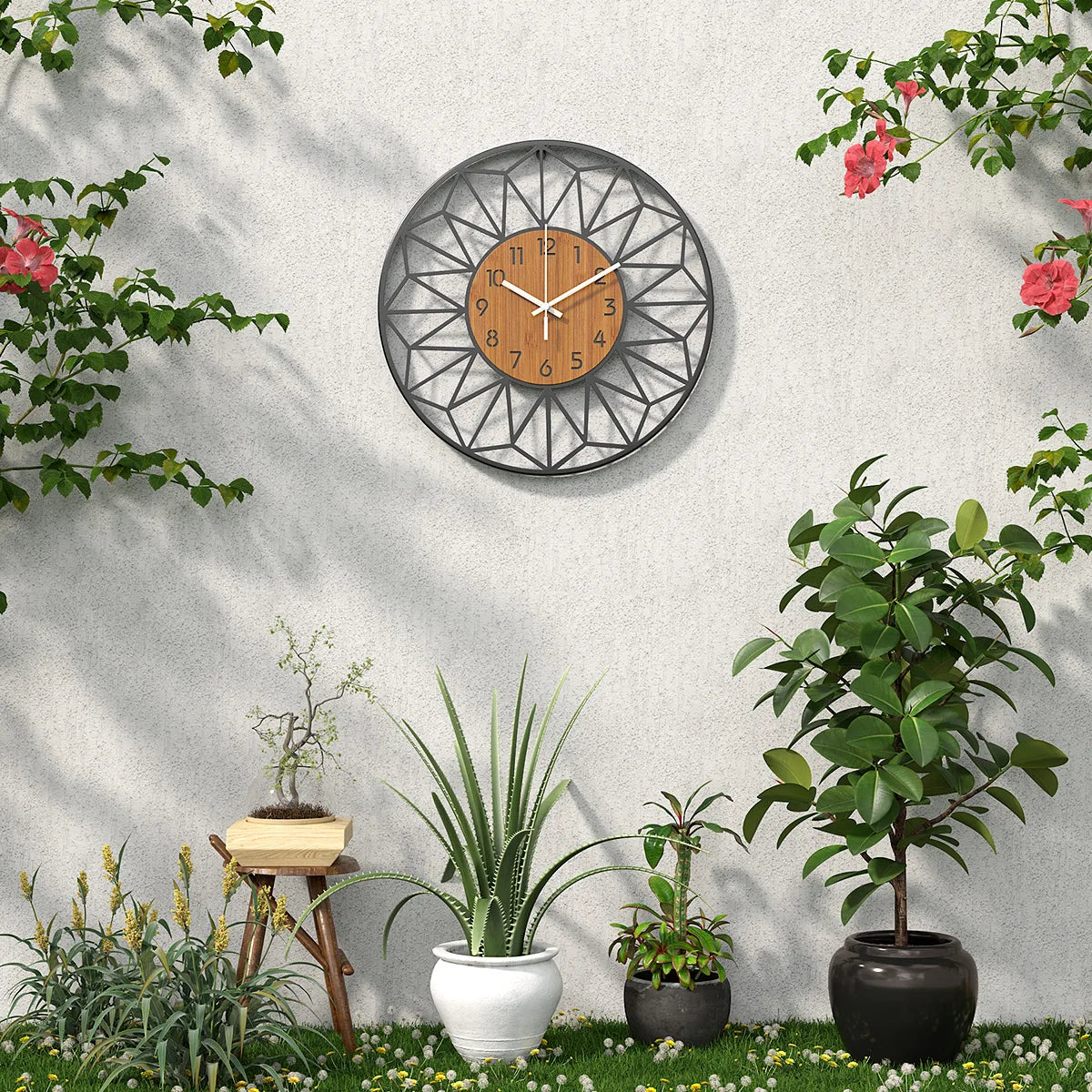 Geometric Metal Wall Clock with Hollow Frame and Simulated Wood Grain Dial for Living Room Decor