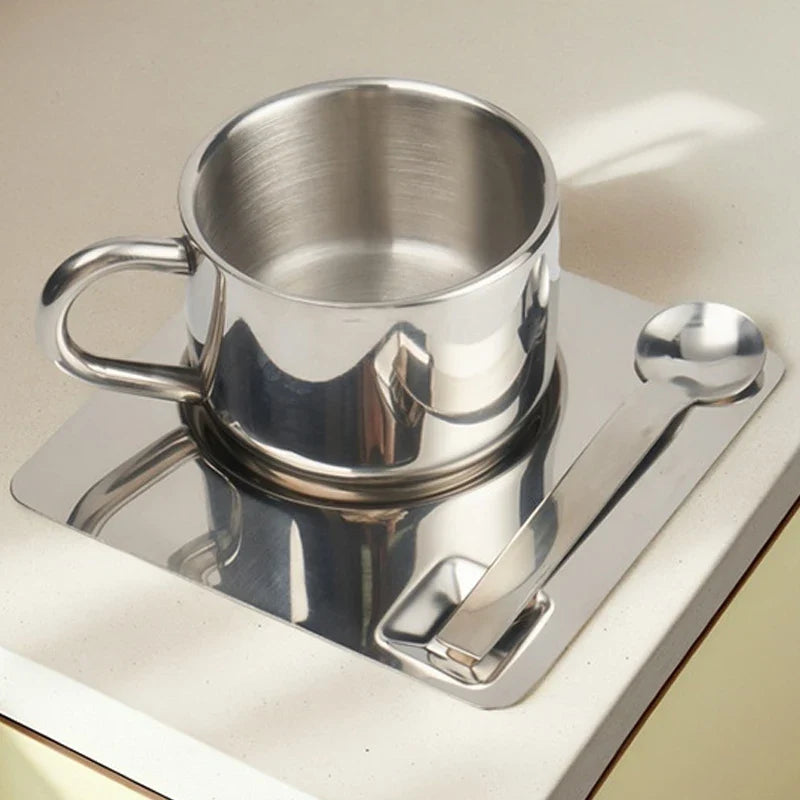 Stainless Steel Teacup Set with Saucer and Spoon for Coffee Tea Serving and Gift Use