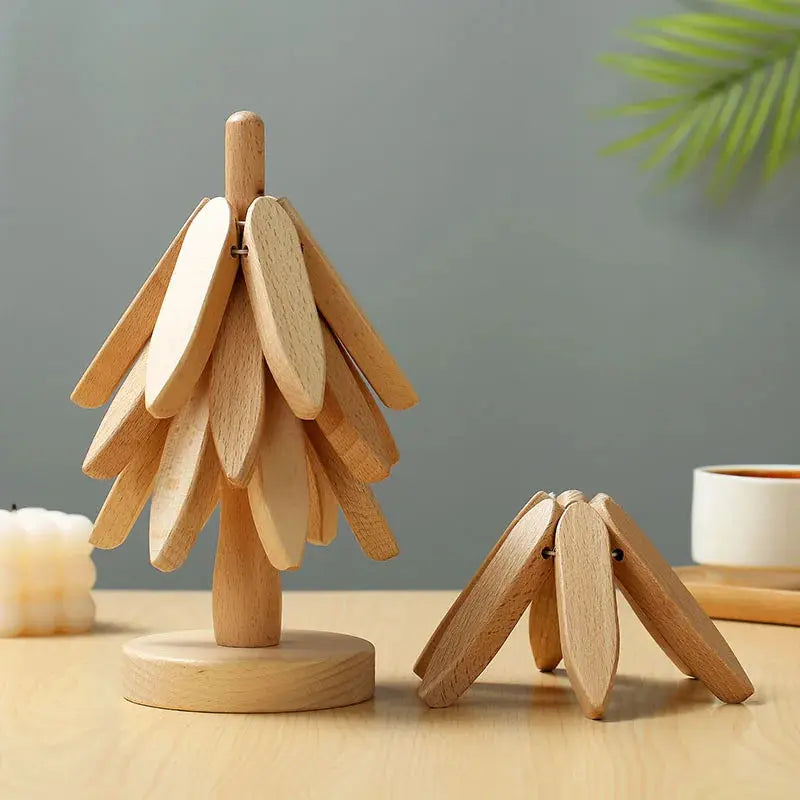 4 Piece Wooden Tree Trivet Set Heat Resistant Table Mat Coasters for Pots and Pans