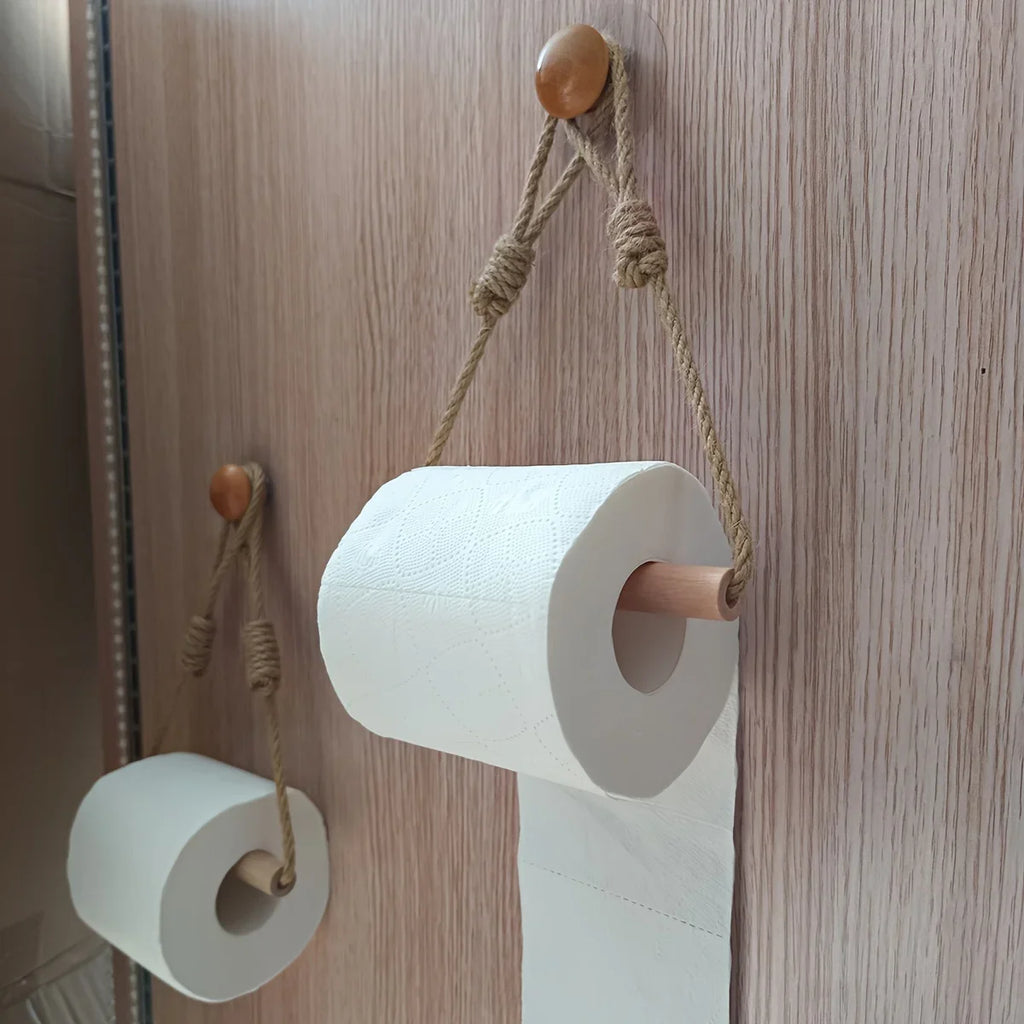 Rustic Rope Toilet Paper Holder with Wooden Wall Mounted Design for Bathroom Tissue Roll Organization (Exclude Paper)