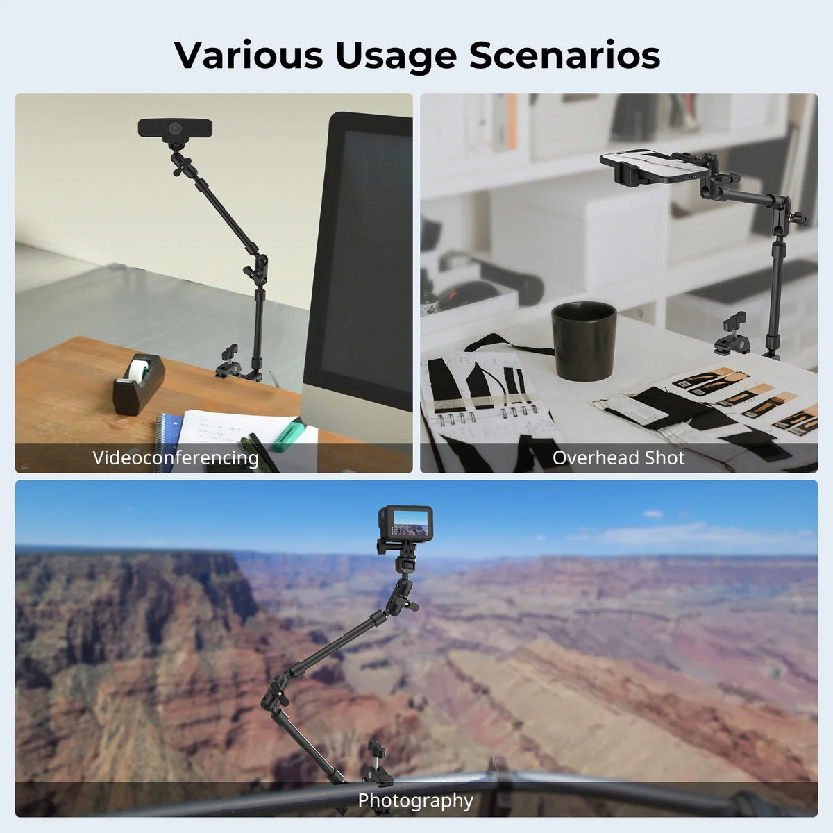 Desktop Shooting Magic Arm with Crab Clamp Adjustable Mount for Smartphone Webcam and Action Camera Use