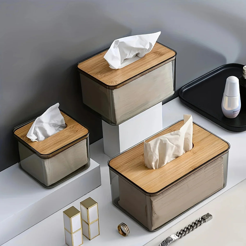 Transparent Tissue Box Holder with Bamboo Lid for Living Room, Bedroom, Office, and Bathroom Storage