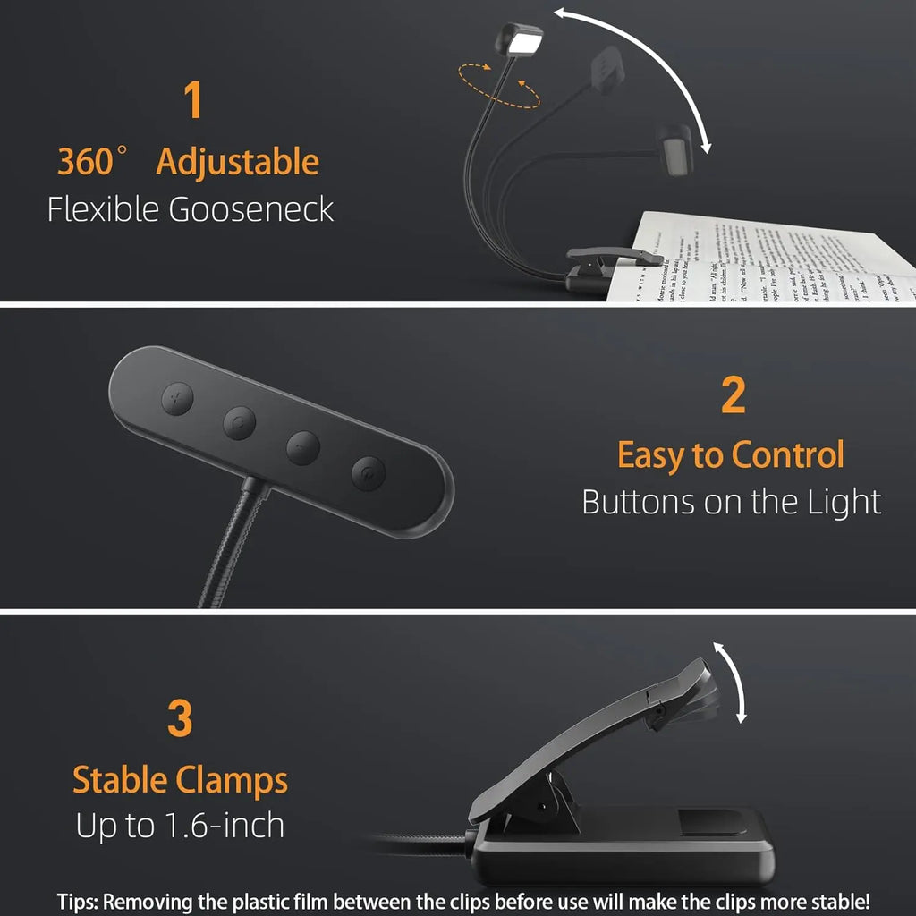 Rechargeable Book Lamp with Clip-On Flexible LED Design for Reading and Portable Lighting