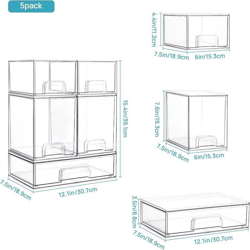 Stackable Storage Drawer Set Clear Plastic Organizer Bins for Vanity Bathroom Cabinet and Countertop Storage