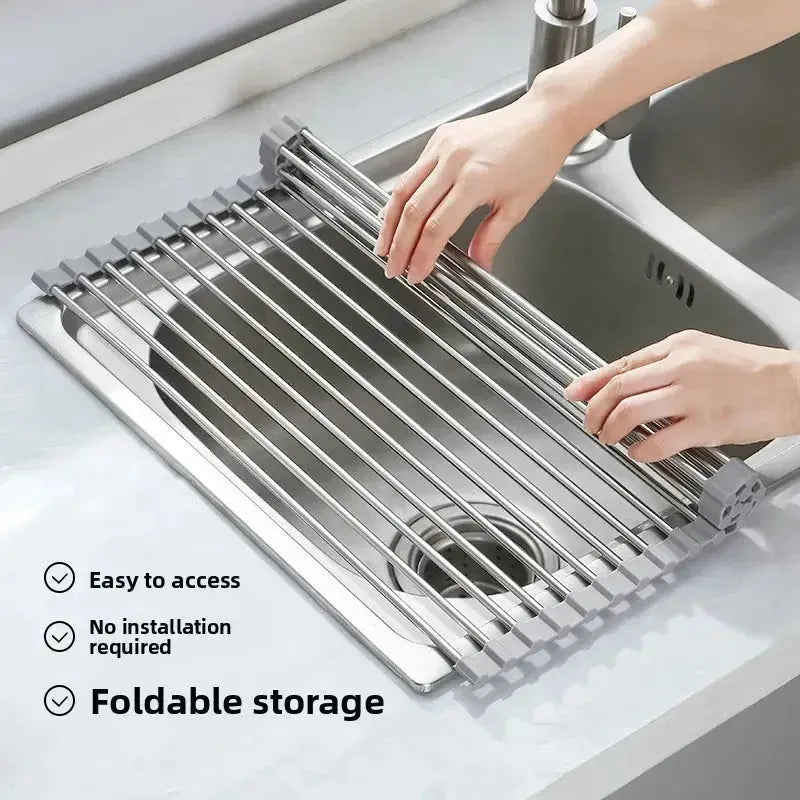 Over The Sink Roll Up Dish Drying Rack Stainless Steel Foldable Drainer 18x9 Inch