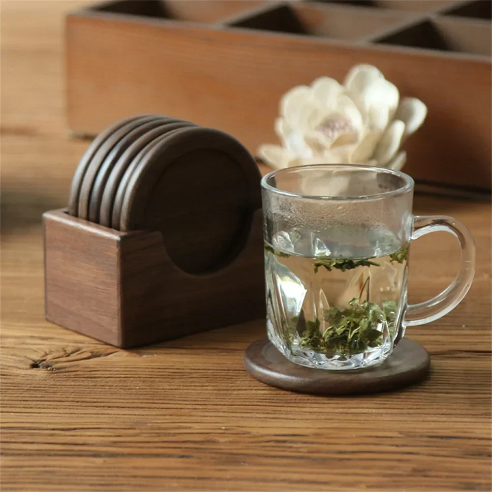 Walnut Wood Coaster Set Round Square Wooden Cup Mats Heat Resistant Drink Coasters for Coffee Tea Desk Table