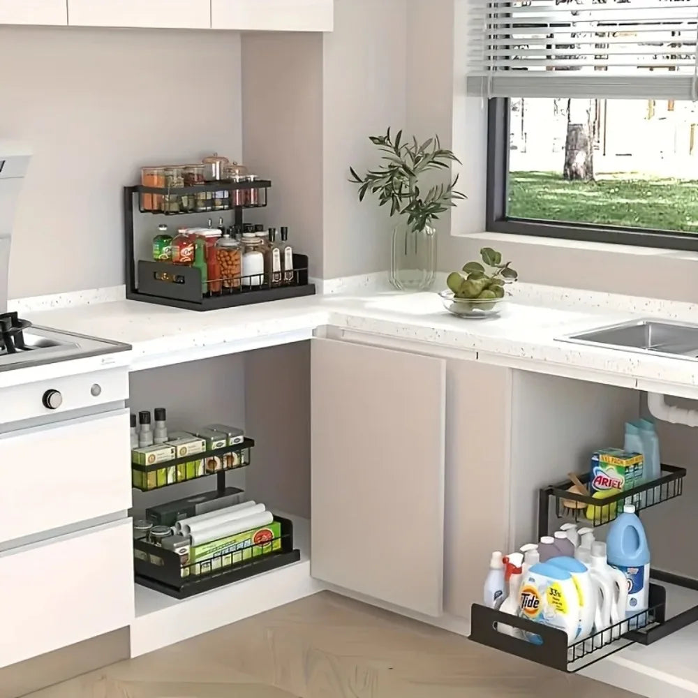 Double Layer Under Sink Organizer with Pull Out Sliding Shelf Design for Kitchen and Bathroom Storage