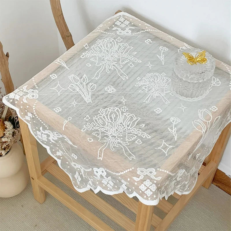 Antique Embroidered Lace Tablecloth Elegant Flower Cut Polyester Table Cover for Dining Table Holiday Decor