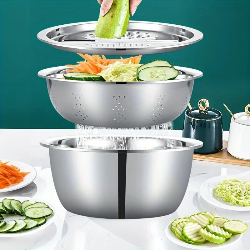 Stainless Steel Slicer Bowl Set with Colander and Grater Design for Fruit Vegetable Prep and Mixing