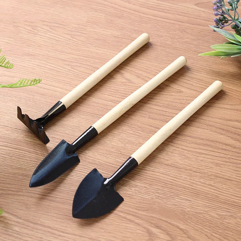 3 Pcs Mini Gardening Kit with Metal Tools and Wooden Handles for Seedling Transplanting and Indoor Outdoor Plant Care