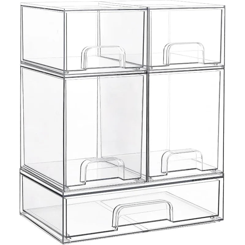 Stackable Storage Drawer Set Clear Plastic Organizer Bins for Vanity Bathroom Cabinet and Countertop Storage