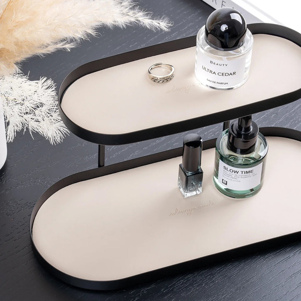2-Tier Vanity Shelf with Oval Metal Frame for Perfume Cosmetics Lipstick and Countertop Storage