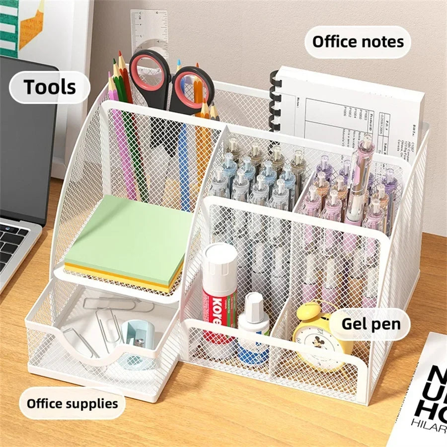 Metal Stationery Holder with 7 Compartments and Drawer for Office Supplies and Desktop Storage