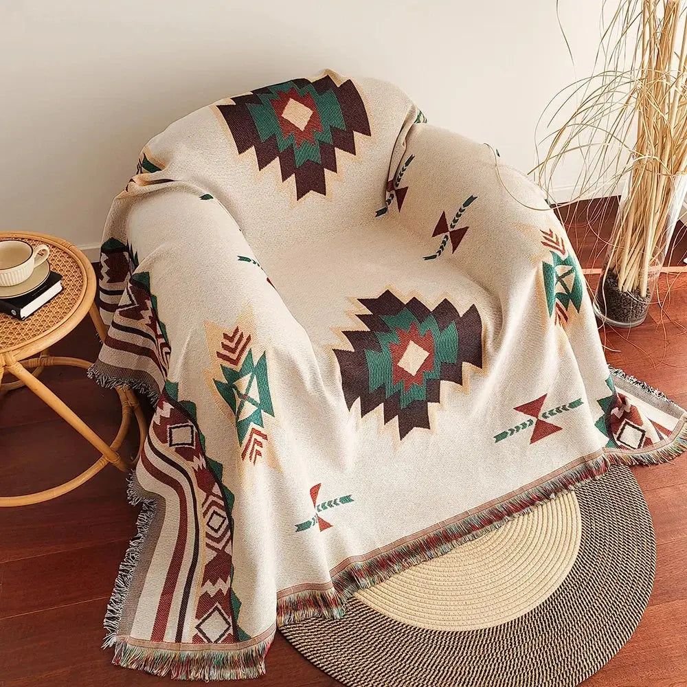 Oversized Aztec Woven Throw Blanket with Fringe Detailing for Home Décor and Layered Styling
