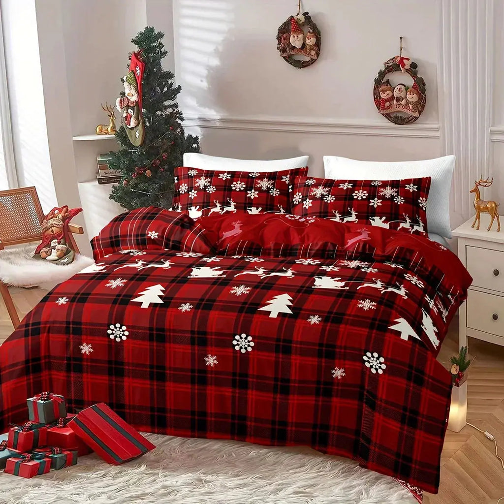 3-Piece Christmas Duvet Cover Set with Checkered Elk and Snowflake Print Design for Seasonal Bedding