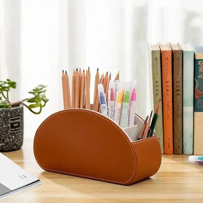 Remote Control Holder with 5 Compartments Vegan Leather Desktop Organizer for Living Room and Office Storage