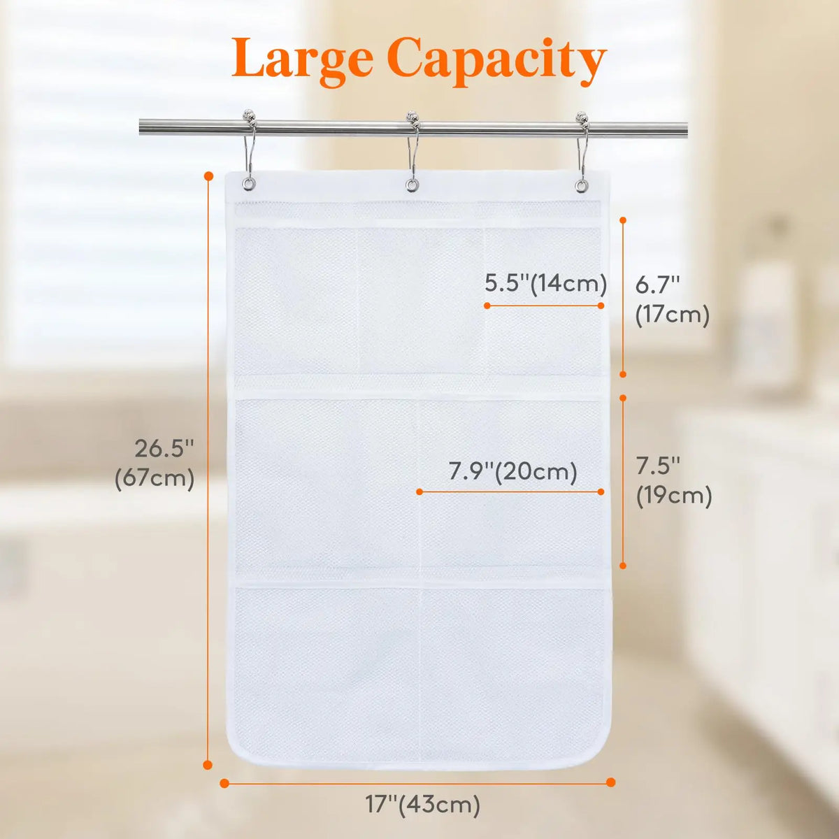 Hanging Mesh Shower Organizer Bag with Multiple Storage Pockets for Bathroom Travel Dorm and Camping Use (3 Hooks Included)