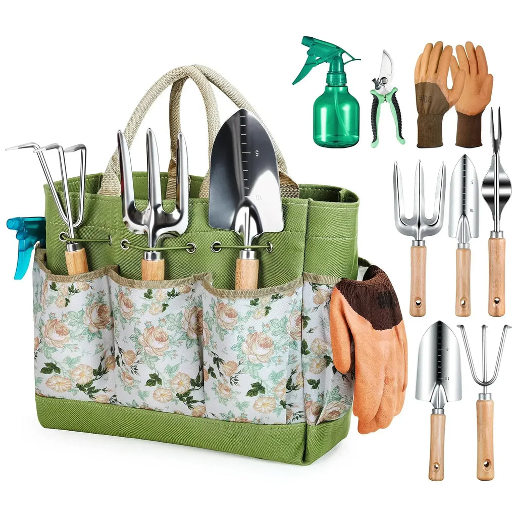 9 Piece Gardening Tool Set with Durable Hand Tools and Organizer Bag for Outdoor Garden Use (Kraft Paper Box)