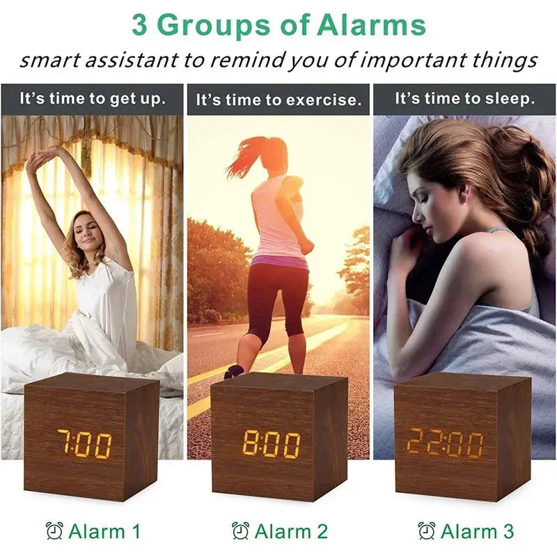Wooden LED Digital Alarm Clock with Temperature Display and Sound Control for Desktop and Bedside Use