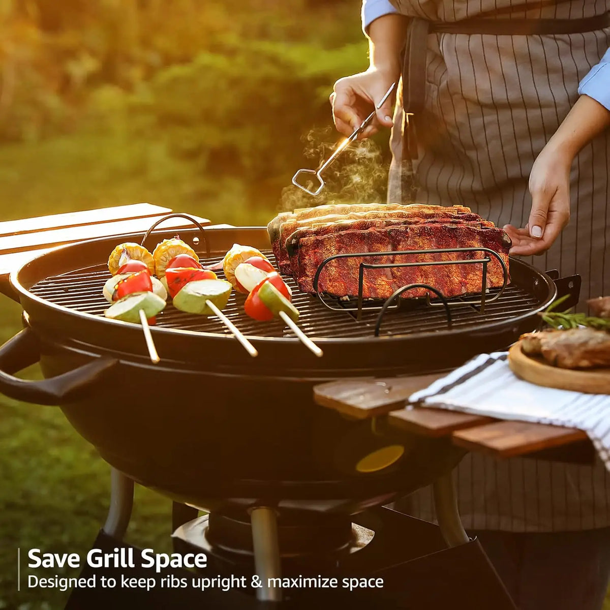 Non Stick BBQ Rib Rack Steel Roasting Stand for Grilling 4 Ribs on Gas Grill or Smoker