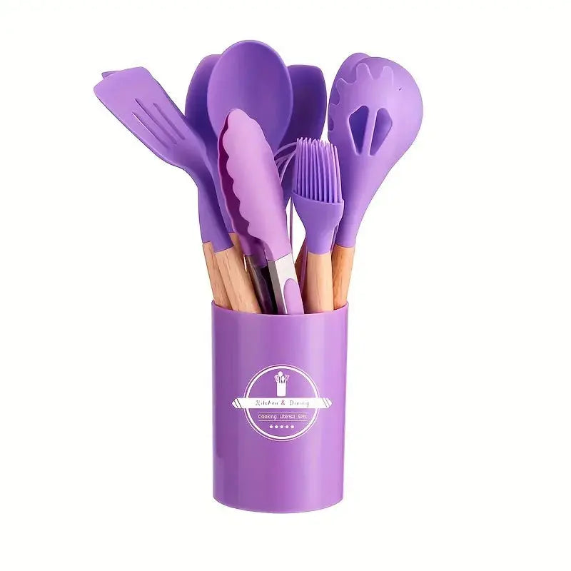 12 Piece Silicone Kitchen Utensils Set with Wooden Handles Non Stick Heat Resistant Cooking Tools