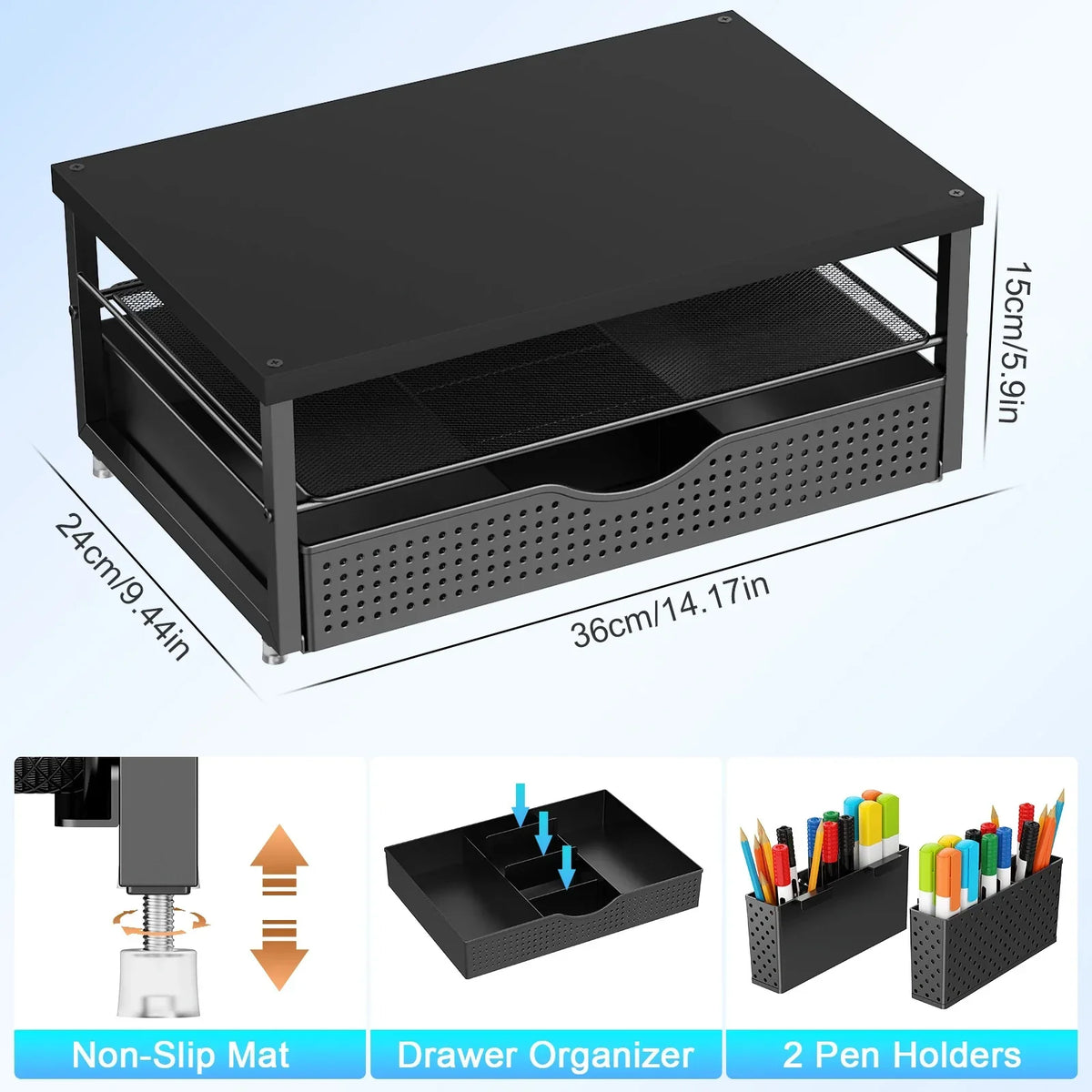 Wood Monitor Stand Riser with Drawer and Pen Holders for Office Desk Storage