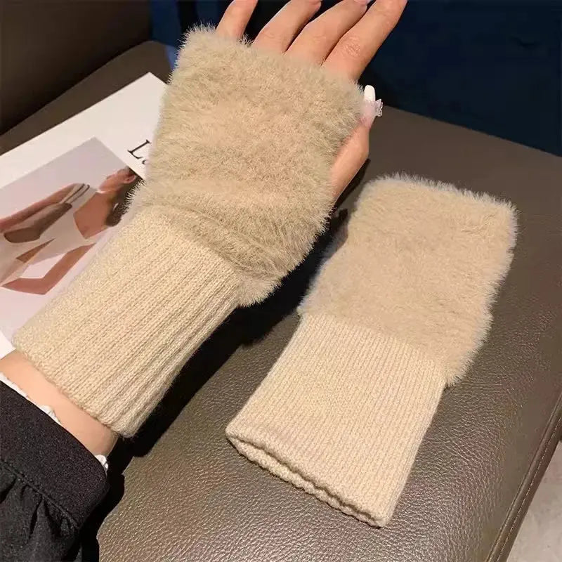Women Fingerless Winter Gloves Soft Plush Knitted Wrist Mittens