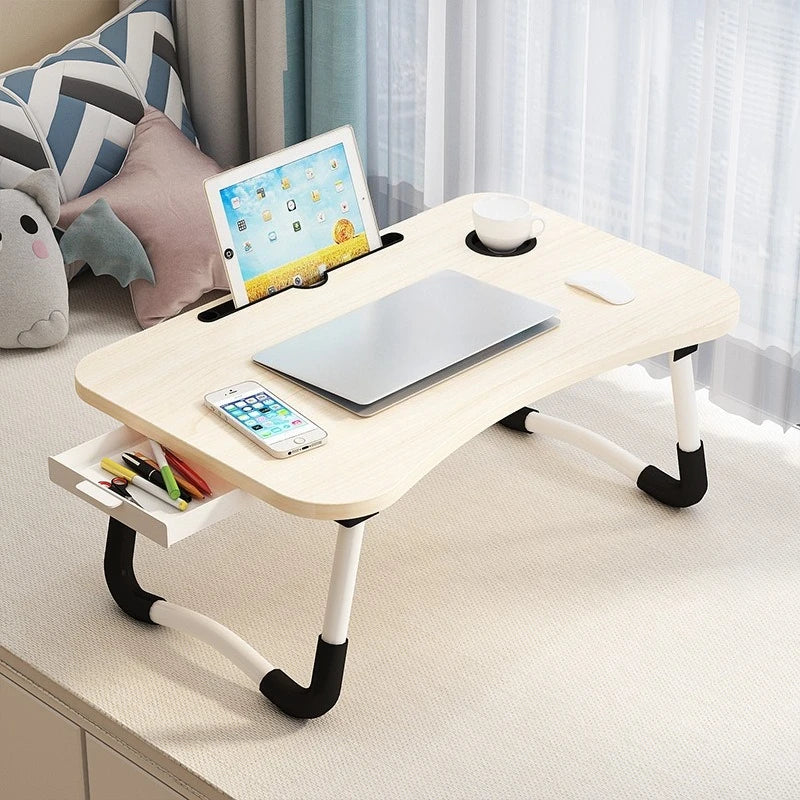Folding Mini Table with Cup Holder, Bed Tray, and Tablet Stand for Laptop Use, Study, or Bedside Activities