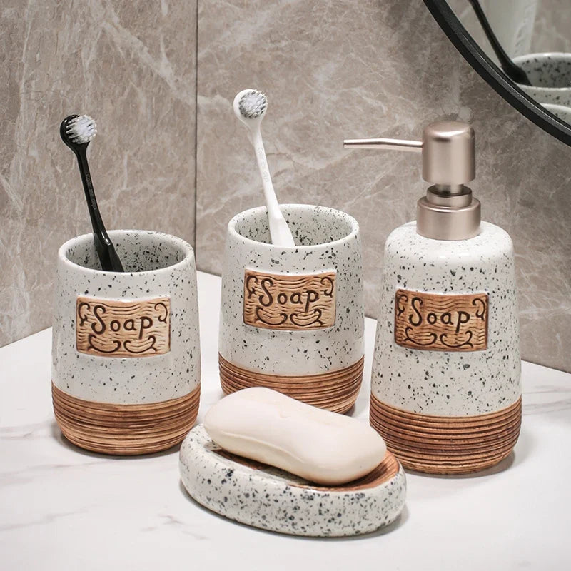 Ceramic Bathroom Accessory Set with Lotion Dispenser Cup Soap Dish and Countertop Holder