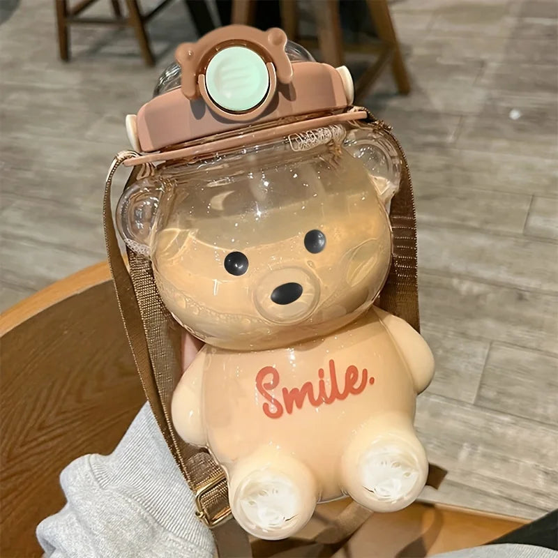1000ml Cute Bear Water Bottle with 2 in 1 Straw Lid and Leakproof Design for School, Sports and Everyday Hydration