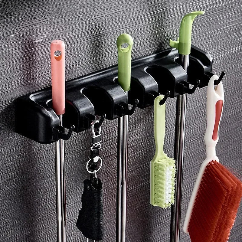 Wall Mounted Mop Holder with Multi Position Slots and Hooks for Broom and Cleaning Tool Storage