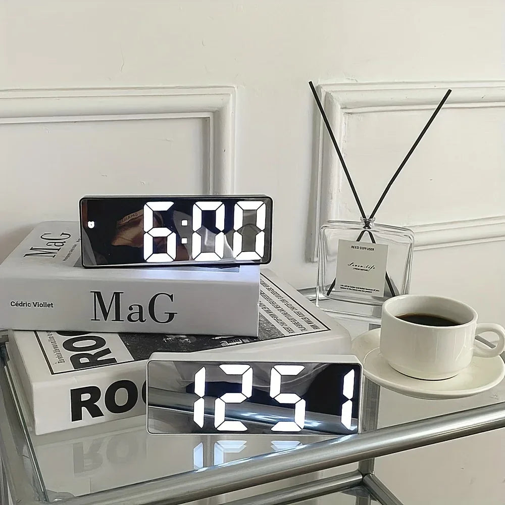 Digital LED Mirror Alarm Clock with Temperature Display and Dual Power Modes for Bedroom and Desk Use