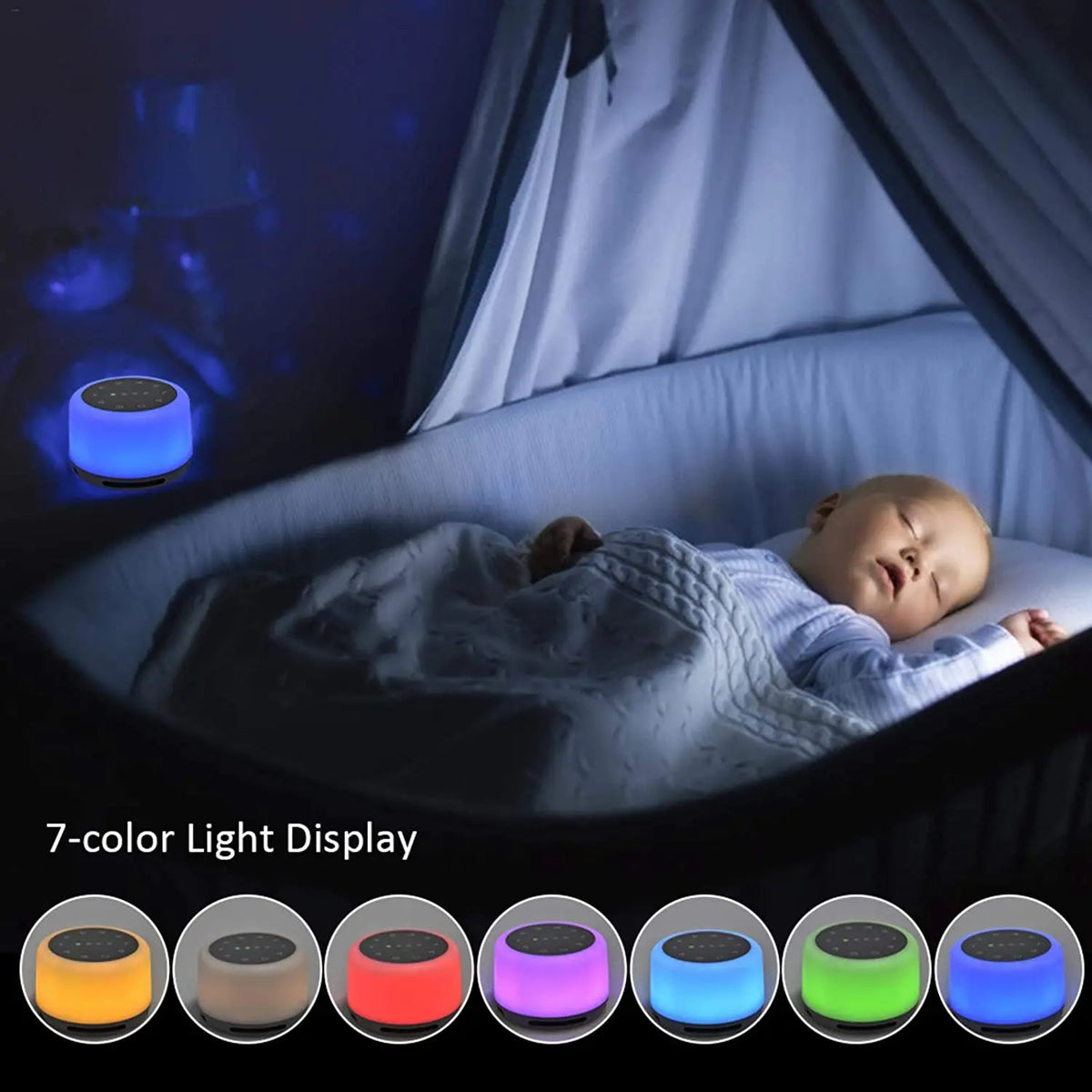 Portable White Noise Machine with RGB Night Light and USB Rechargeable Design for Sleep and Relaxation Use