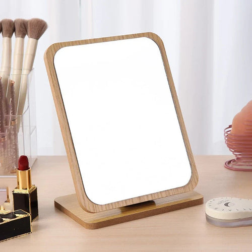 Folding Wooden Makeup Mirror with Adjustable Desktop Stand for Dorm Vanity and Table Use