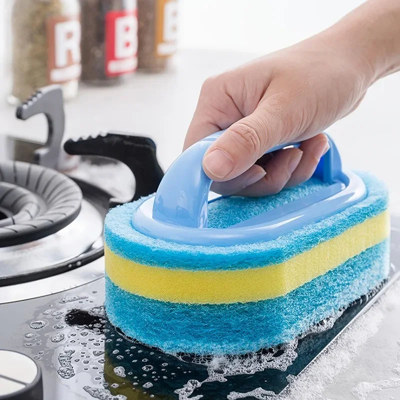 3 Pcs Durable Household Cleaning Brush with Handle for Kitchen, Bathroom, and Dish Scrubbing, Thickened Scrubbing Sponge for Efficient Cleaning