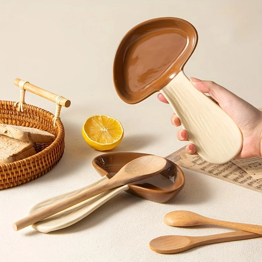 Mushroom Spoon Rest with Ceramic Heat Resistant Design for Kitchen Utensils and Countertop Use