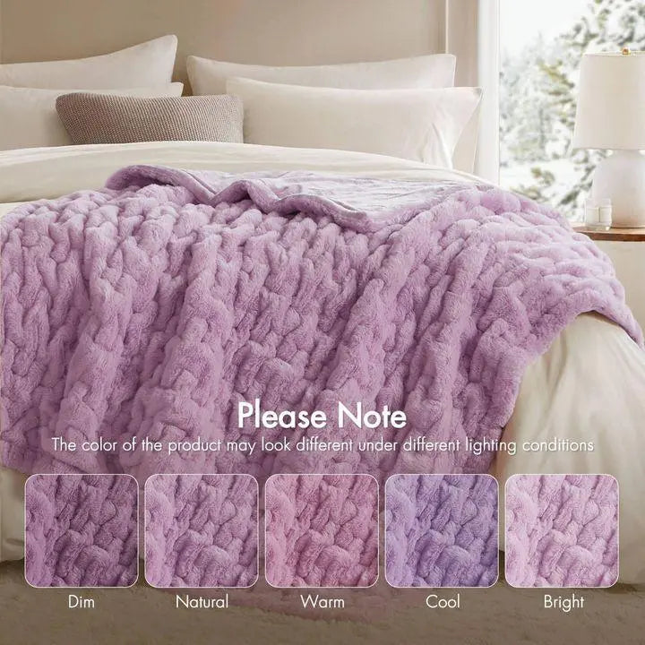 Faux Fur Throw Blanket with Double Sided Ruched Texture for Cozy Everyday Home Use